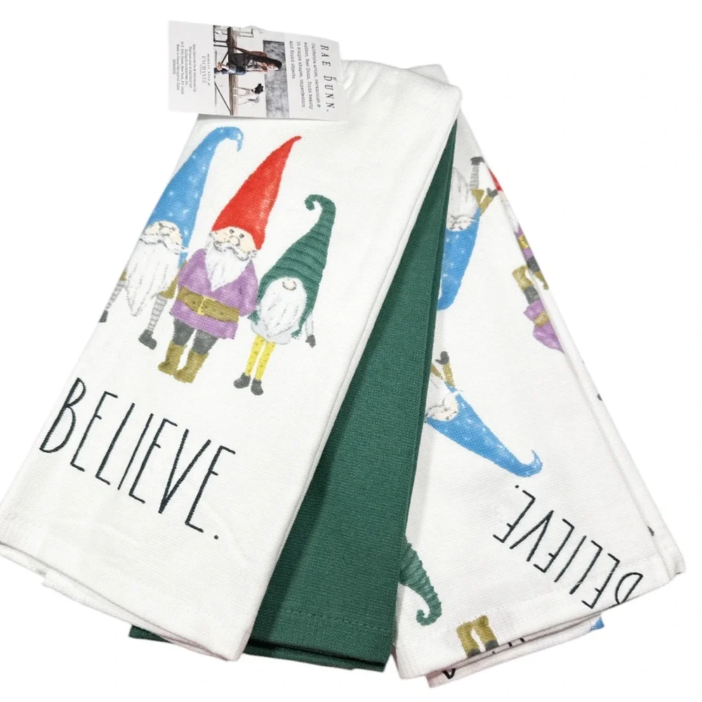 NEW Rae Dunn BELIEVE Gnome Christmas Kitchen Towel Set/3